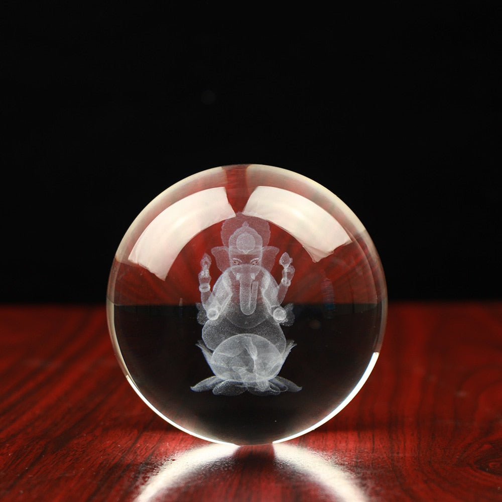 Crystal 3D Engraving Ball With God Ganesh Sculpture