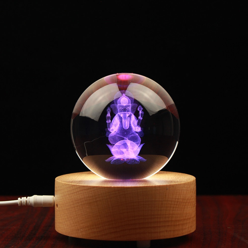 Crystal 3D Engraving Ball With God Ganesh Sculpture