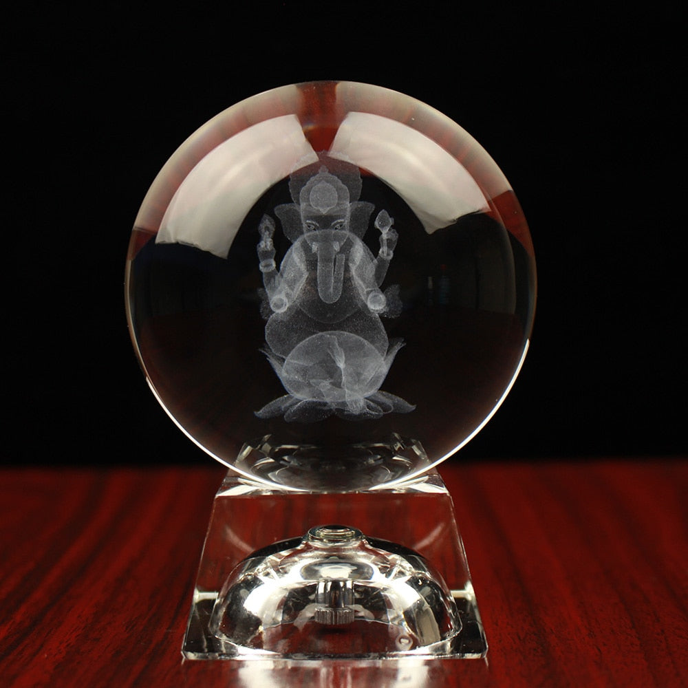 Crystal 3D Engraving Ball With God Ganesh Sculpture