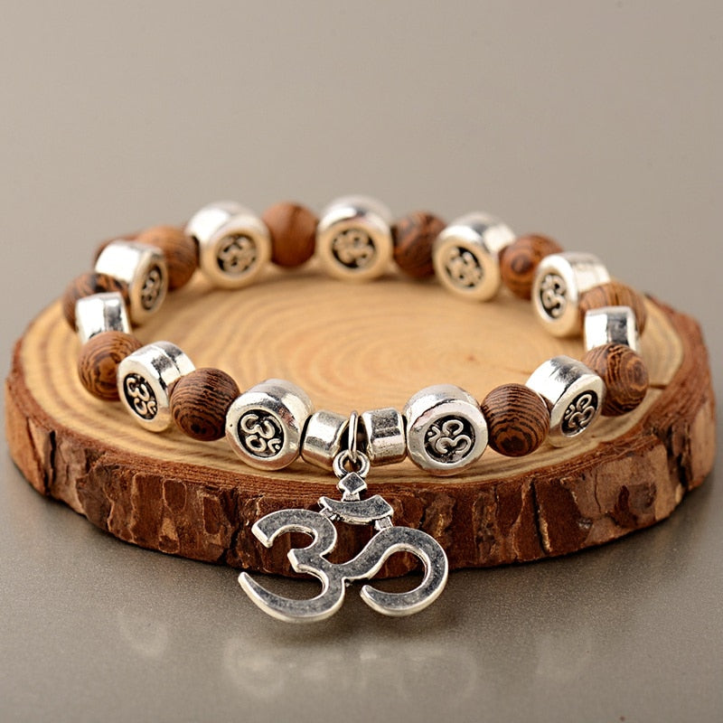 Natural Wood Beads Bracelets with Om Pendant