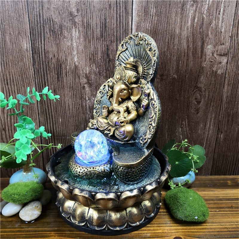 God Ganesh with LED Glowing Ball Spring Water Sound Waterfall Fountain MDL02
