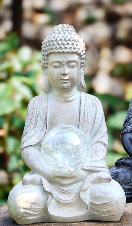 God Buddha White Statue with Solar Light