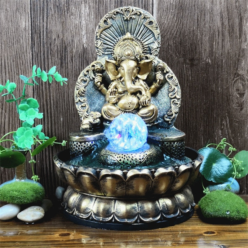God Ganesh with LED Glowing Ball Spring Water Sound Waterfall Fountain MDL02