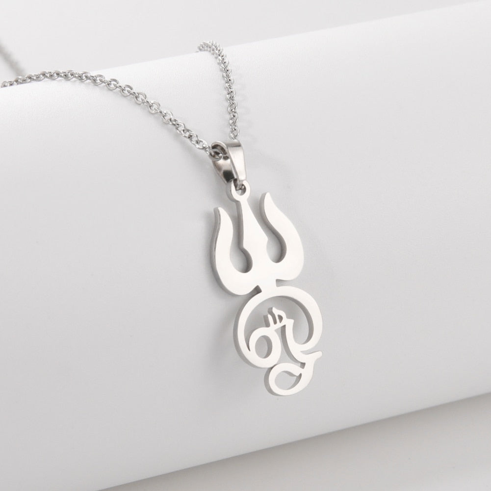 Om Symbol with Trident Pendant Stainless Steel Necklace