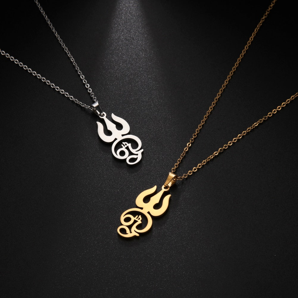 Om Symbol with Trident Pendant Stainless Steel Necklace