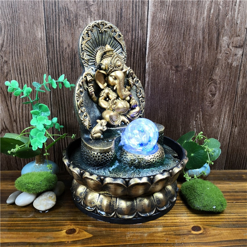 God Ganesh with LED Glowing Ball Spring Water Sound Waterfall Fountain MDL02