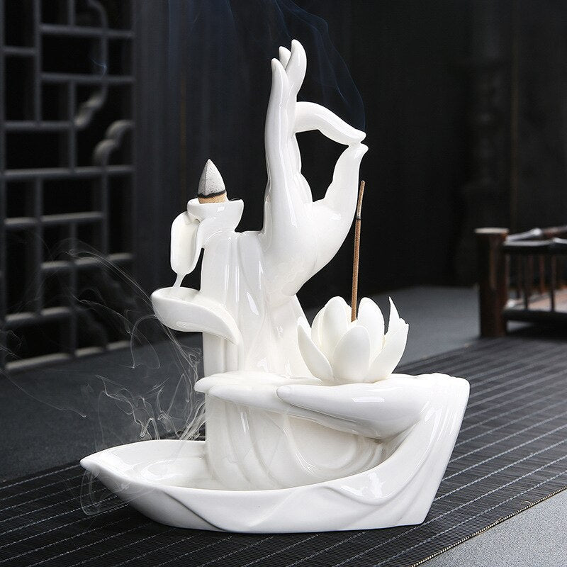 White Buddha Hand Backflow Incense Burner With 10Pcs Cones