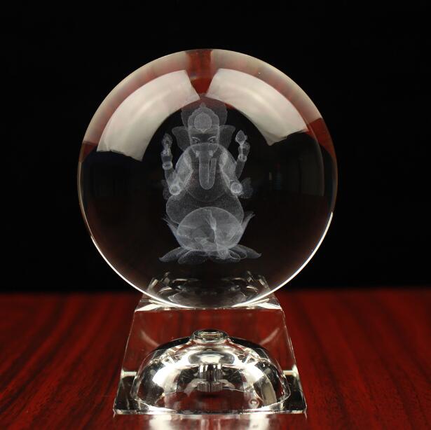 Crystal 3D Engraving Ball With God Ganesh Sculpture