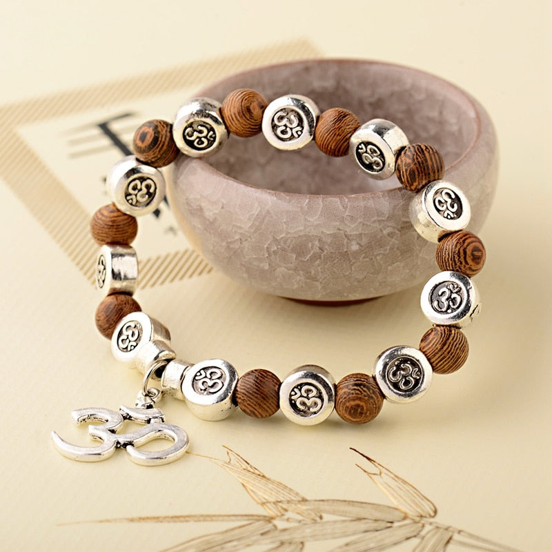 Natural Wood Beads Bracelets with Om Pendant