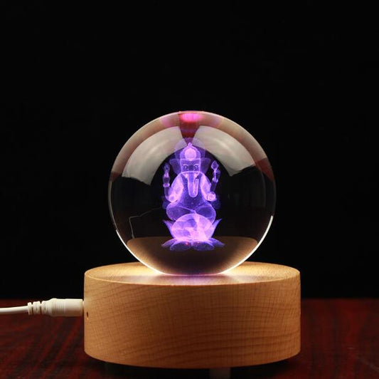 Crystal 3D Engraving Ball With God Ganesh Sculpture