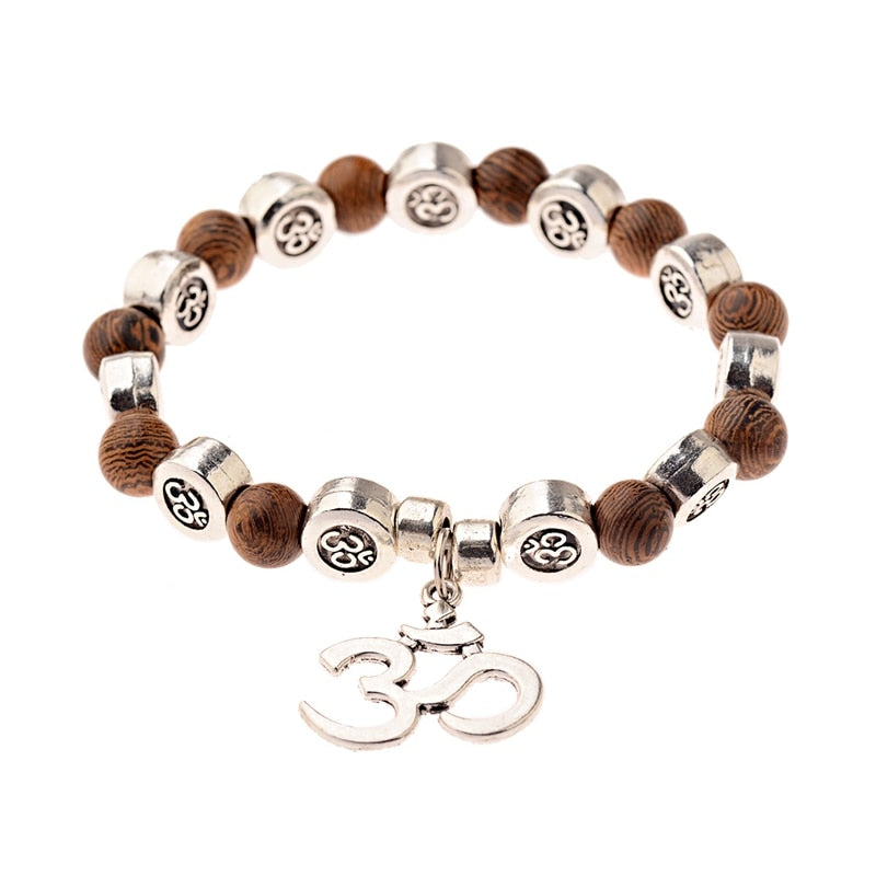 Natural Wood Beads Bracelets with Om Pendant