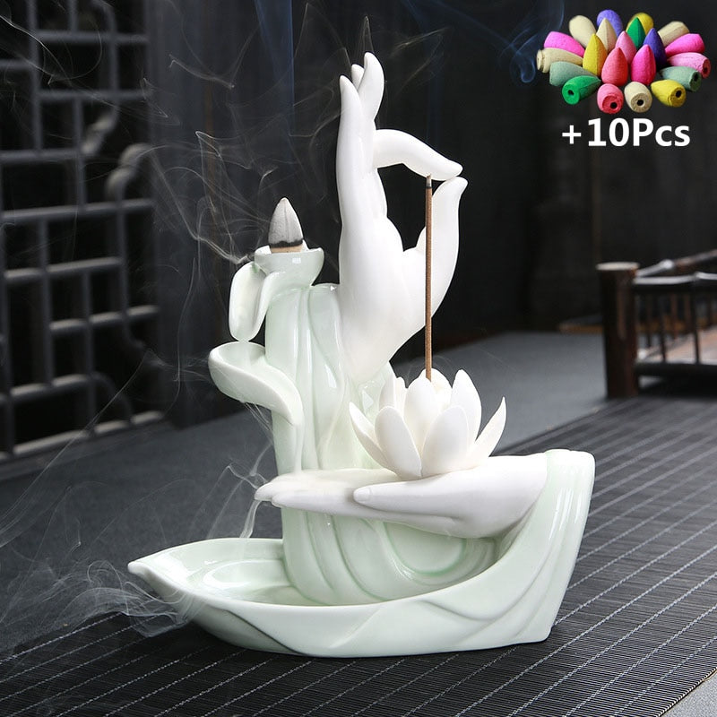 White Buddha Hand Backflow Incense Burner With 10Pcs Cones