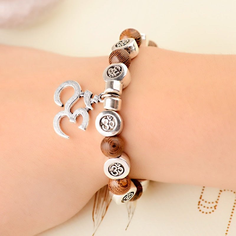 Natural Wood Beads Bracelets with Om Pendant