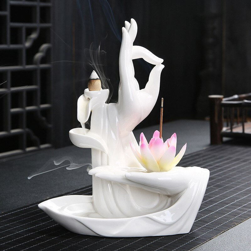 White Buddha Hand Backflow Incense Burner With 10Pcs Cones