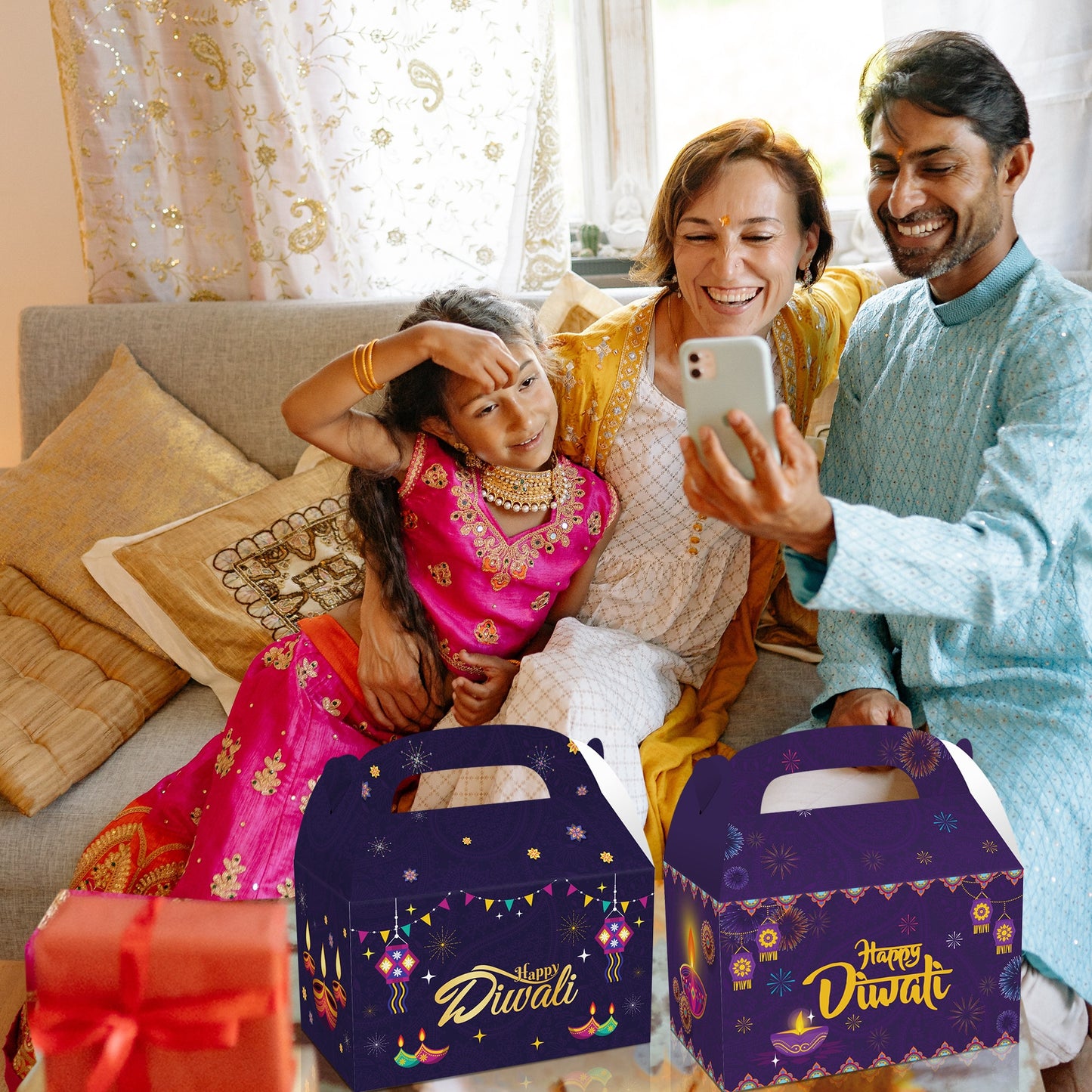 Diwali Festival Theme Paper Gifts Boxes 4 Pcs