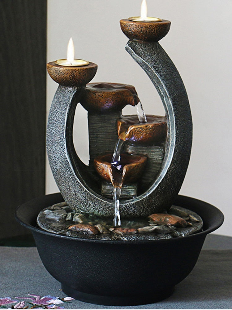 Indoor Water Fountain & Candle Holders With LED Lights