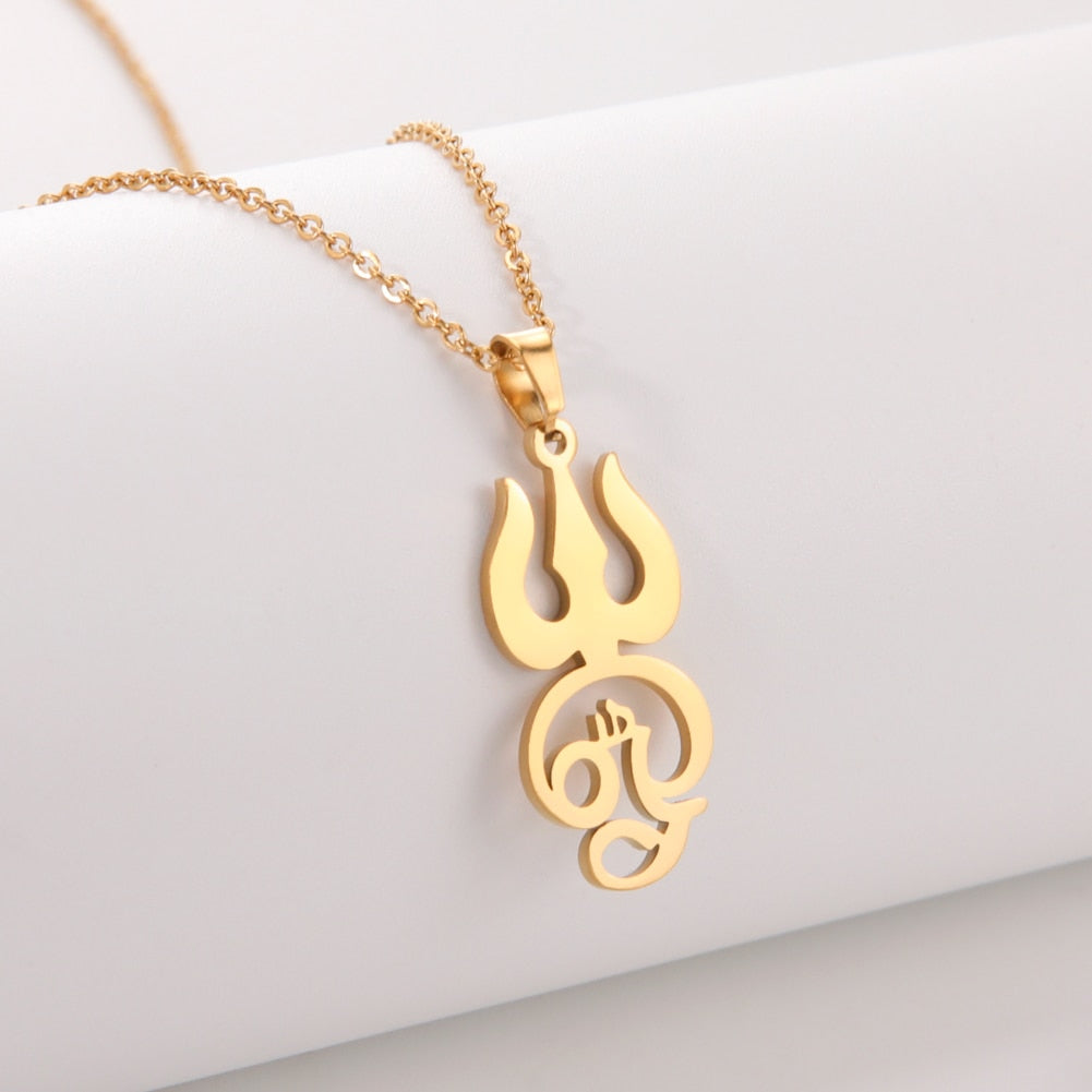 Om Symbol with Trident Pendant Stainless Steel Necklace