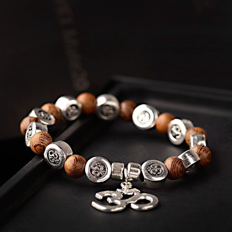 Natural Wood Beads Bracelets with Om Pendant