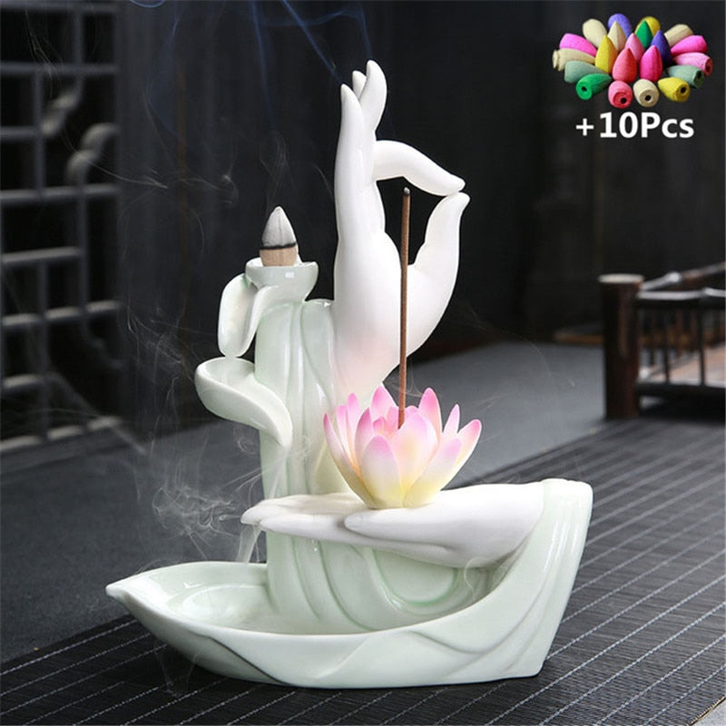 White Buddha Hand Backflow Incense Burner With 10Pcs Cones